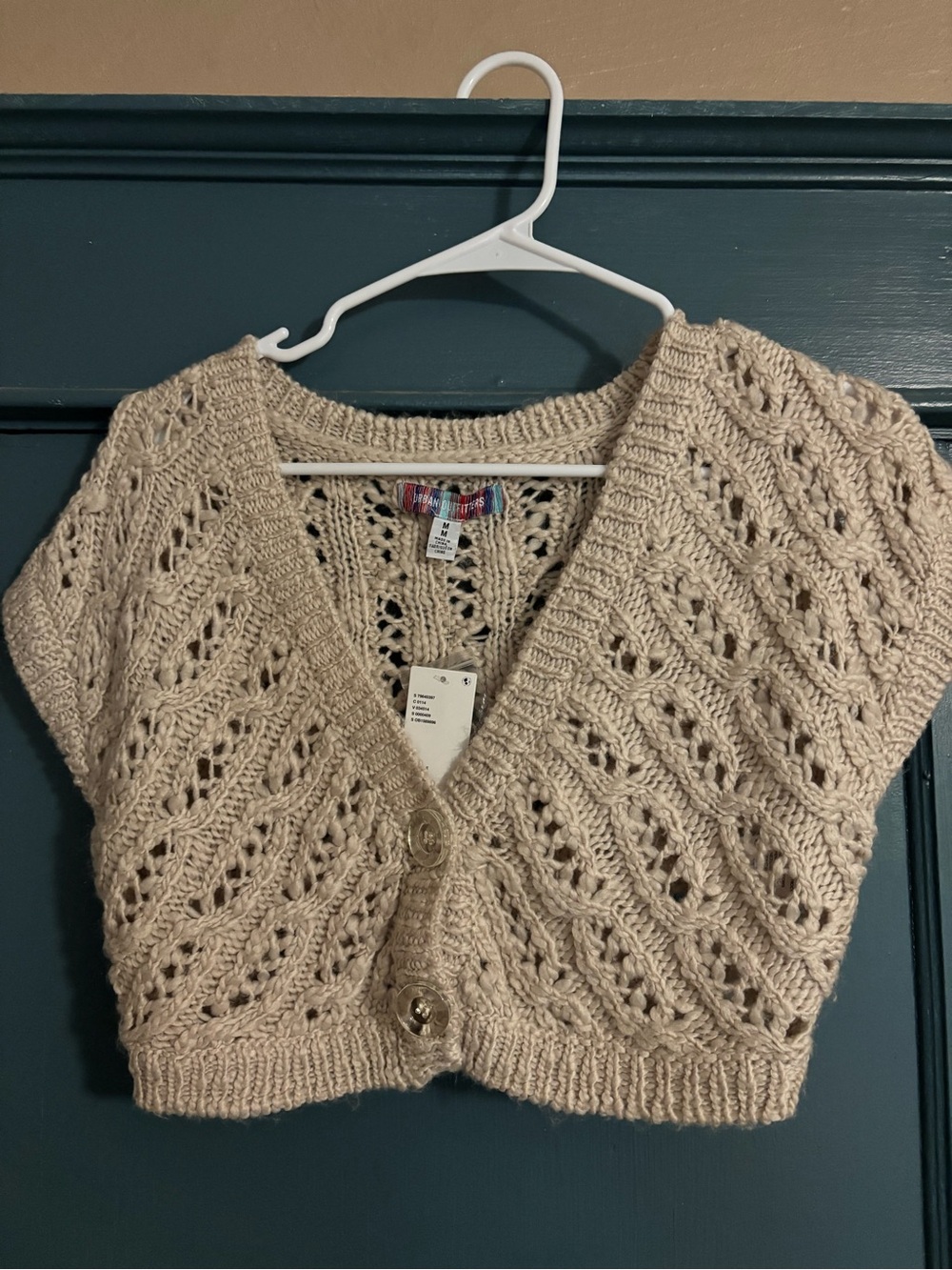 Urban Outfitters Beige Open-Knit V-Neck Cropped Cardigan